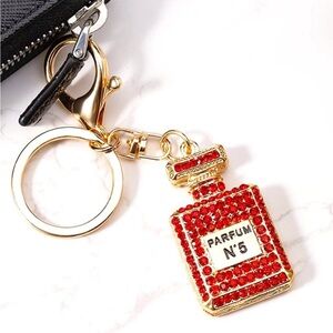 Perfume Bottle Gold Red Rhinestone Key Chain/Bag Charm